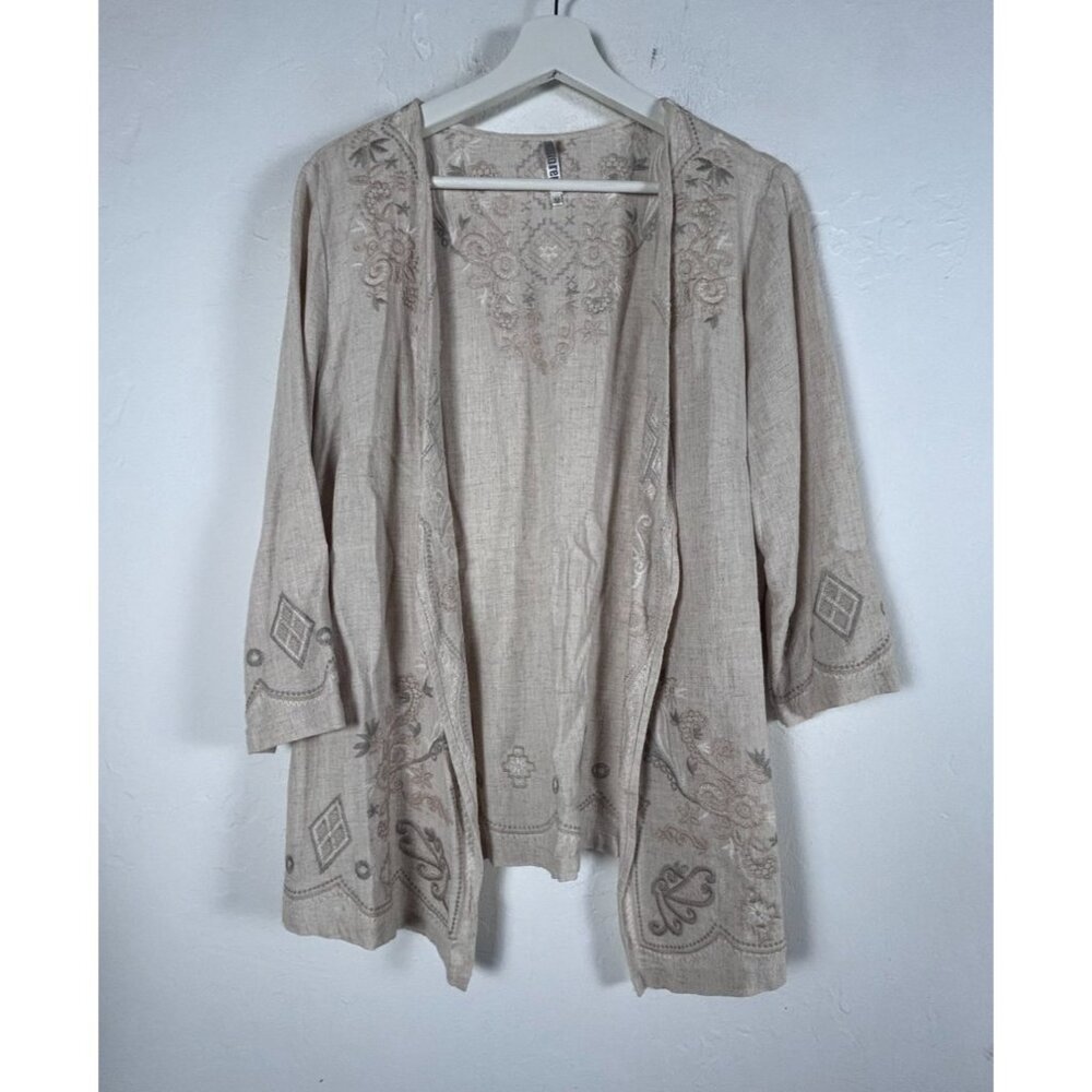 Monoreno Womens Boho Floral Embroidered Open Front Linen Cardigan Medium Beige